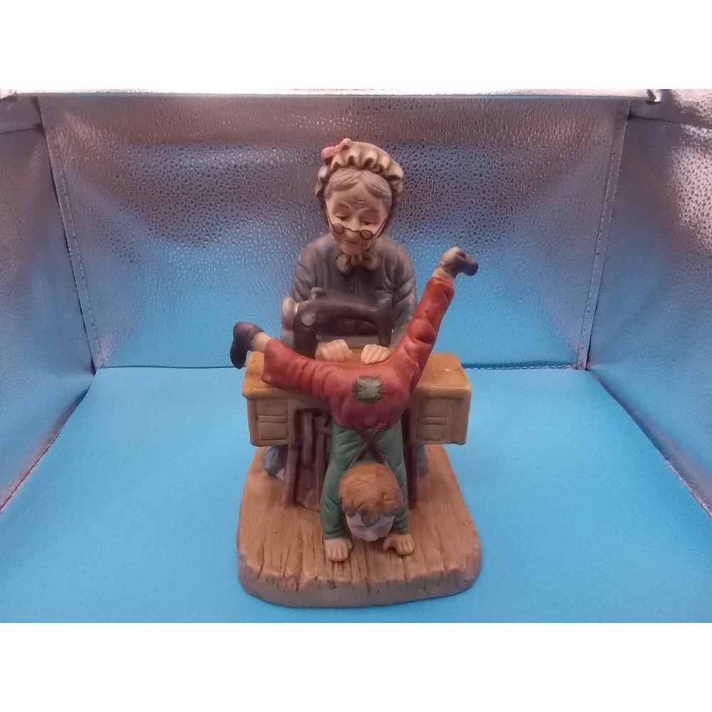 Vintage Porcelain Figurine Grandmother Sewing Boy Pants Patching Scene 5.25in